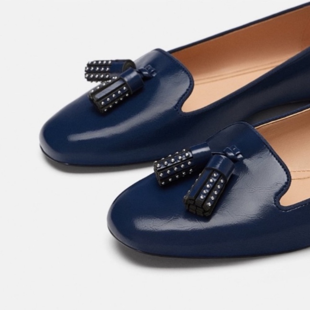 NEW ZARA Trafaluc navy blue tasseled ballet flats - Picture 3 of 11